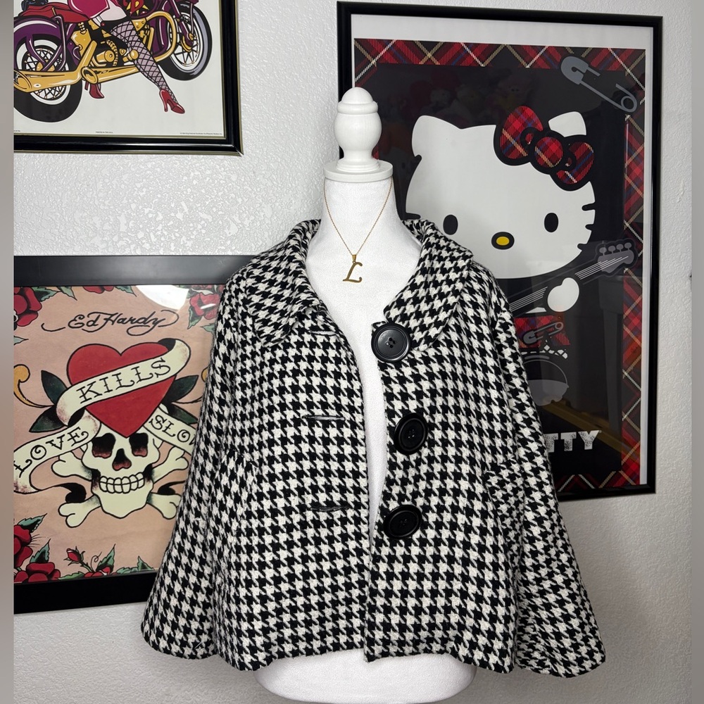 Lapis Houndstooth Button Up Cropped Jacket Y2K Dressy